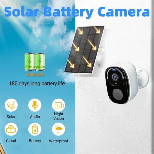 Wireless 2K 5MP Solar Security Camera Outdoor Color Night Vision Battery Powered Support 2.4G WiFi, PIR, Waterproof, 2-Way Alexa
