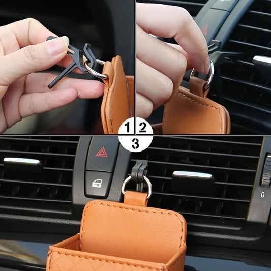 Leather Car Phone Holder Mount Air Vent Hanging Storage Bag