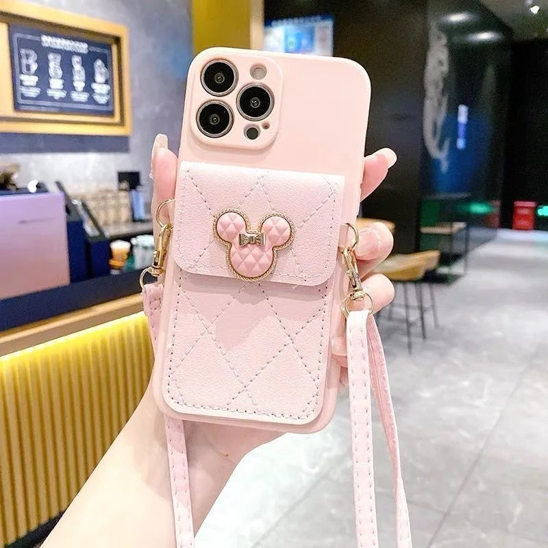 Cartoon Diamond Leather Wallet Case Card Holder Crossbody Lanyard Cover