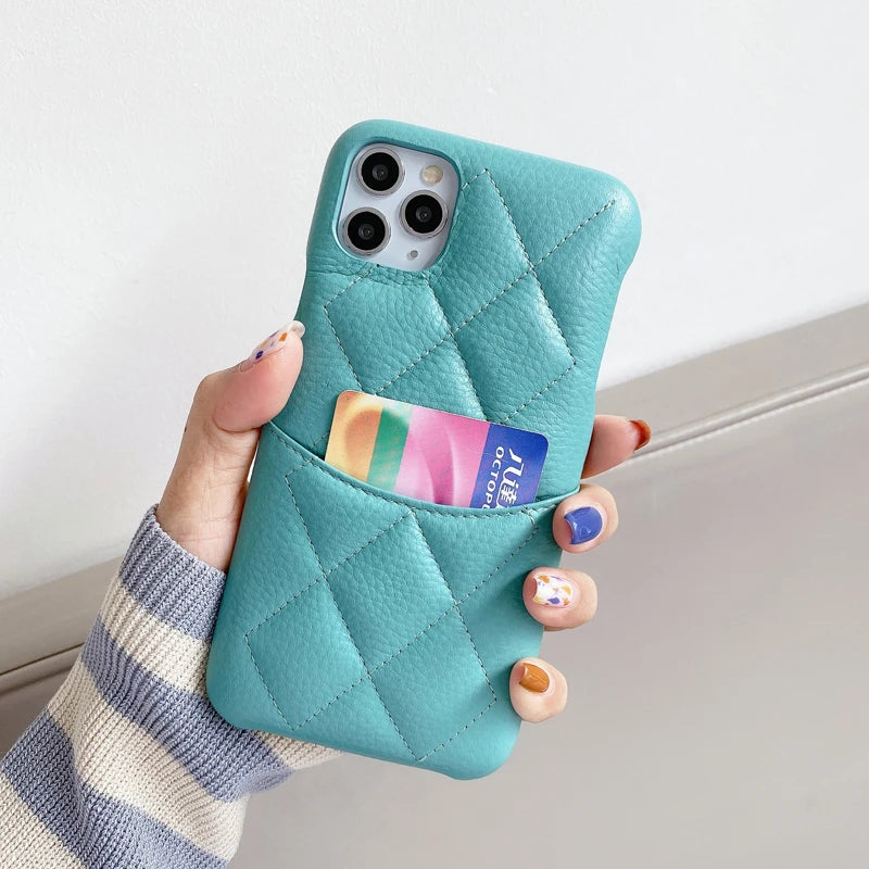 High Quality Luxury Fashion Genuine Cowhide Leather Card Slot Lambskin Case Cover For Iphone 17 Air 16 15 14 Plus 13 12 Pro Max