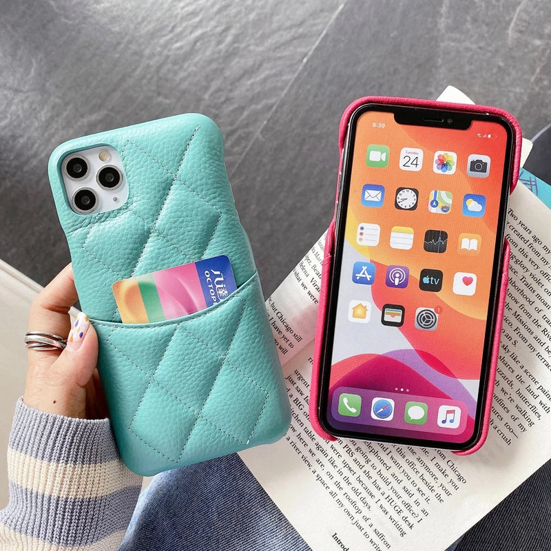 High Quality Luxury Fashion Genuine Cowhide Leather Card Slot Lambskin Case Cover For Iphone 17 Air 16 15 14 Plus 13 12 Pro Max