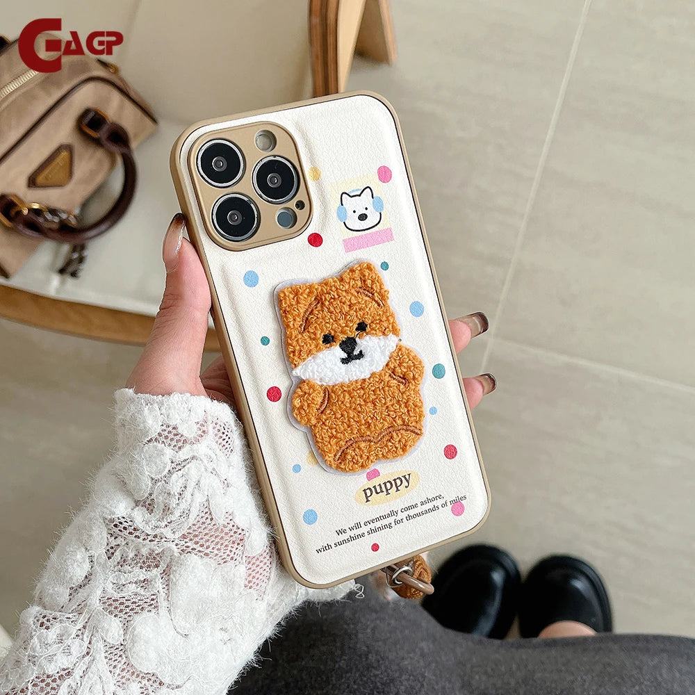 Cute Air Cushion Leather 3D Dimensional Plush Dog Case for iPhone 16 Pro 12 13 14 15 16 Pro Max Embroidery Lanyard Soft Cover