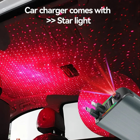 120W 4-in-1 Car Charger with Retractable Cable, Type-C & 2 USB Ports, Fast Charging for iPhone 15/14/13/12/11 Pro Max, Galaxy S2