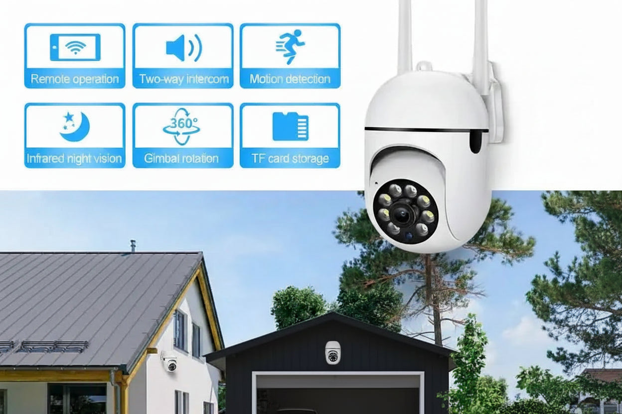 White security camera with features listed above a house and driveway