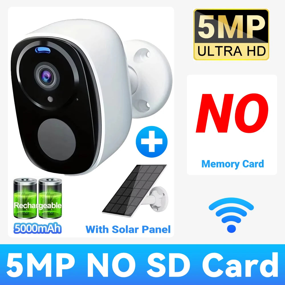 Wireless 2K 5MP Solar Security Camera Outdoor Color Night Vision Battery Powered Support 2.4G WiFi, PIR, Waterproof, 2-Way Alexa