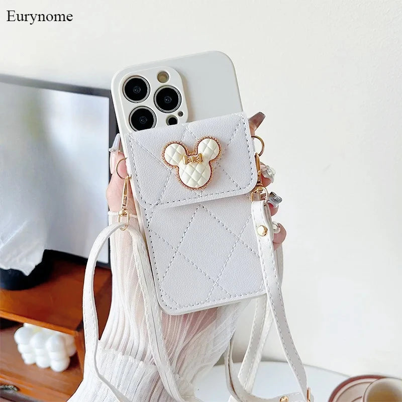 Cartoon Diamond Leather Wallet Case  Card Holder Crossbody Lanyard Cover
