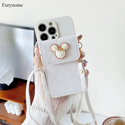 Cartoon Diamond Leather Wallet Case  Card Holder Crossbody Lanyard Cover