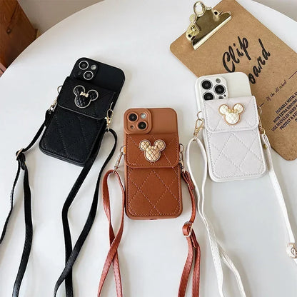 Cartoon Diamond Leather Wallet Case  Card Holder Crossbody Lanyard Cover