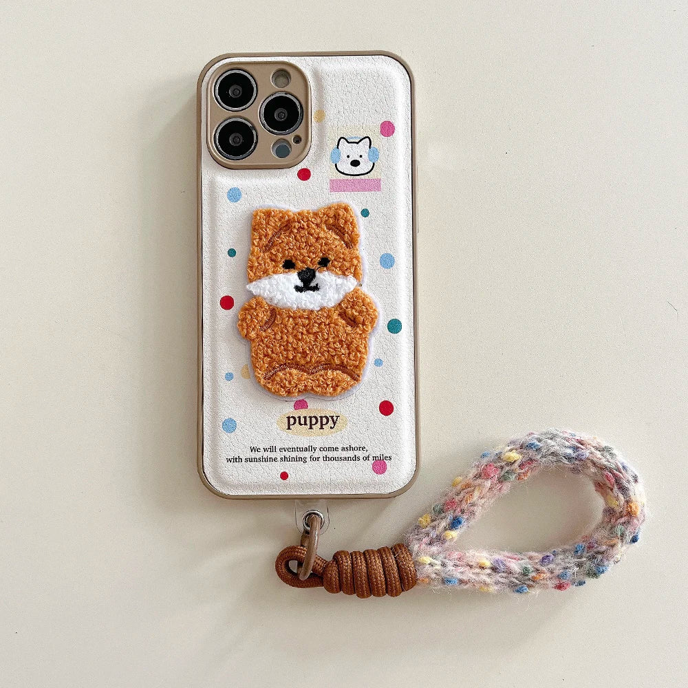 Cute Air Cushion Leather 3D Dimensional Plush Dog Case for iPhone 16 Pro 12 13 14 15 16 Pro Max Embroidery Lanyard Soft Cover