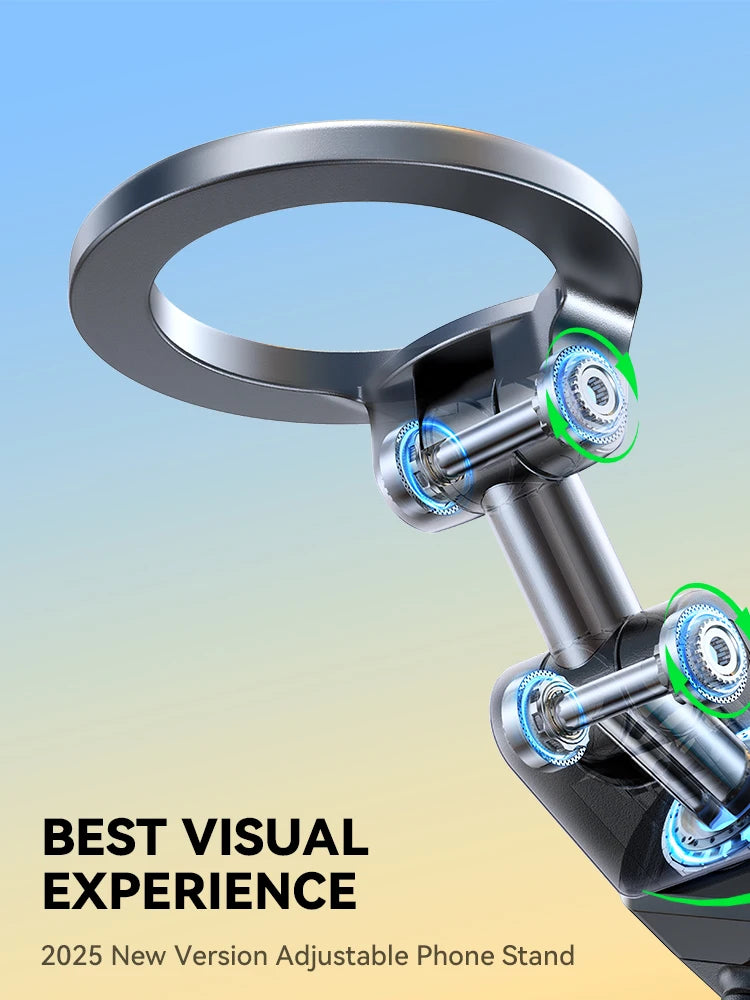2025 New Version Adjustable Phone Stand with metallic design on a gradient background