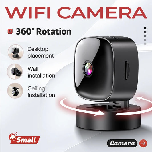 Black WiFi camera with 360-degree rotation feature on a white background