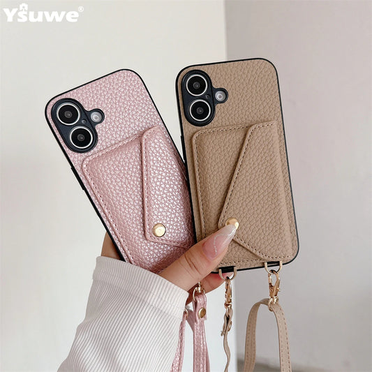 Crossbody Lanyard Necklace Strap Rope Leather Phone Case For iPhone 17 16 12 14 13 15 Pro Max XS 8 Plus Wallet Card Holder Cover