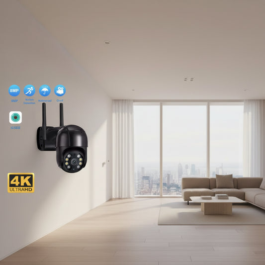 Black security camera with 4K Ultra HD label and various features on a white background