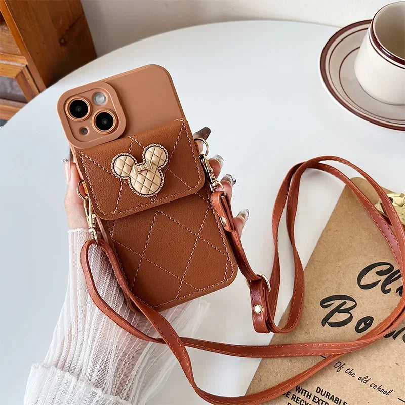 Cartoon Diamond Leather Wallet Case  Card Holder Crossbody Lanyard Cover