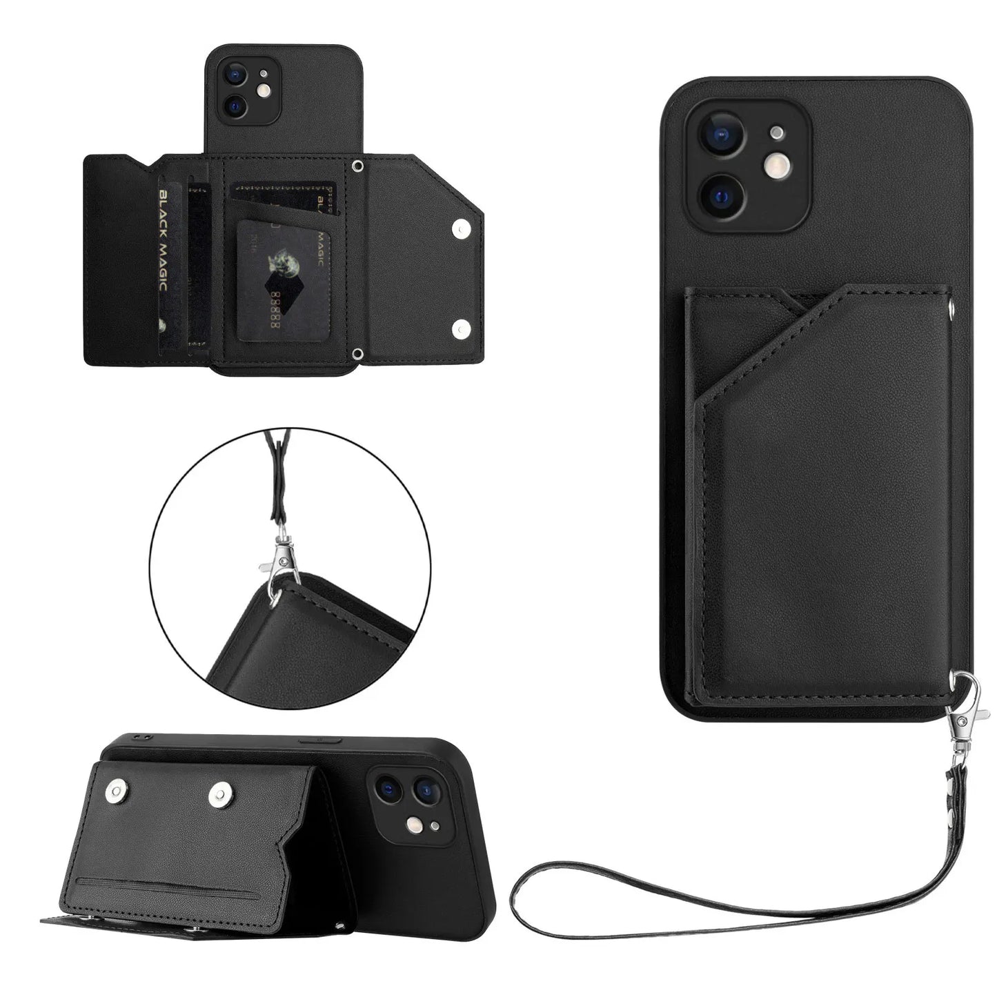 Wallet Cards Solt Leather Case For iPhone 16 Pro Max 15 Plus 14 13 12 11 X XS XR SE 2022 8 7 Pocket Magnetic Double Buckle Cover