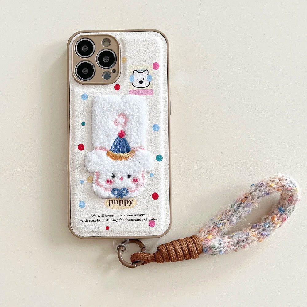 Cute Air Cushion Leather 3D Dimensional Plush Dog Case for iPhone 16 Pro 12 13 14 15 16 Pro Max Embroidery Lanyard Soft Cover