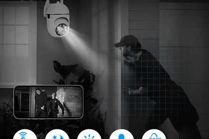 Security camera system with night vision and remote operation features, displayed on a dark background.