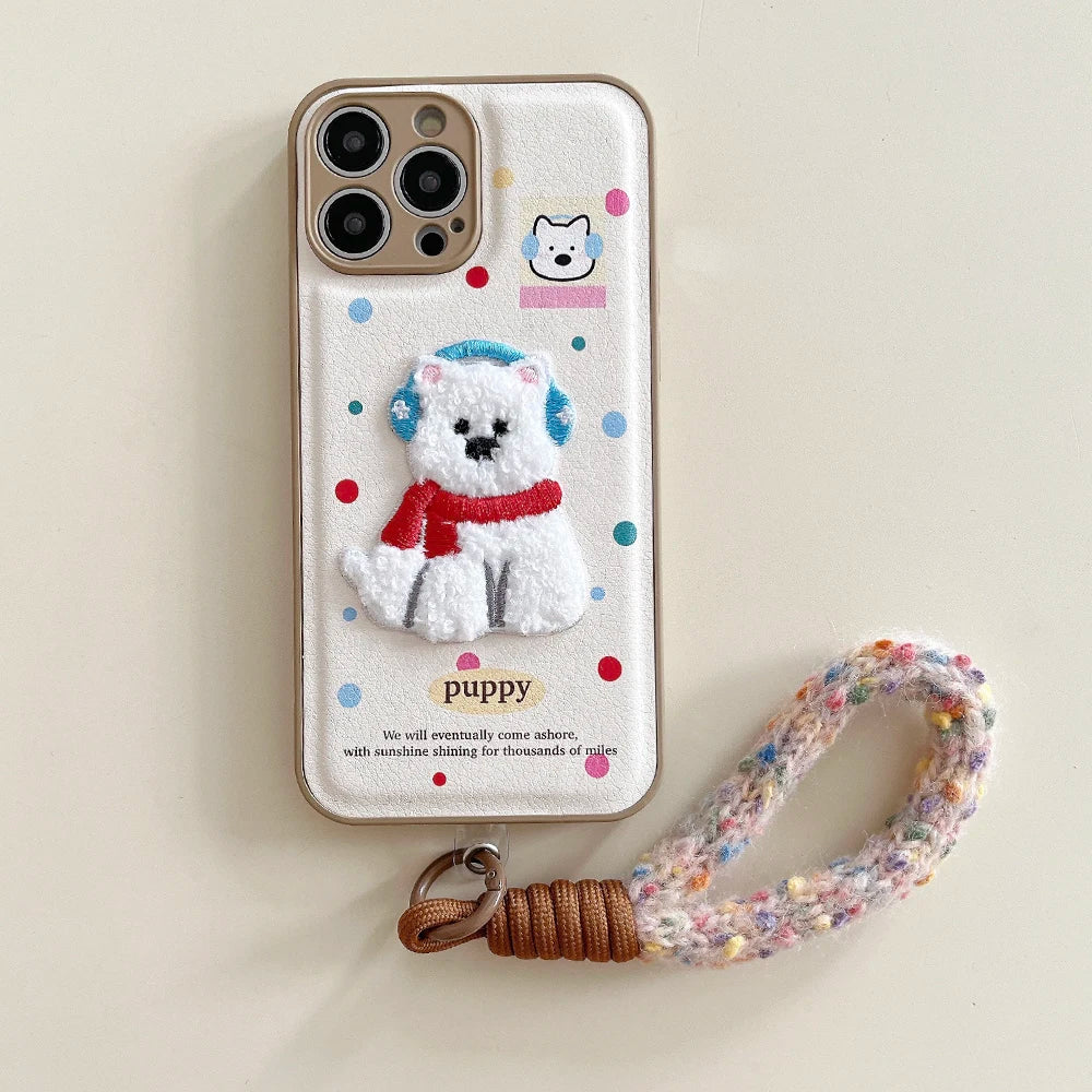 Cute Air Cushion Leather 3D Dimensional Plush Dog Case for iPhone 16 Pro 12 13 14 15 16 Pro Max Embroidery Lanyard Soft Cover