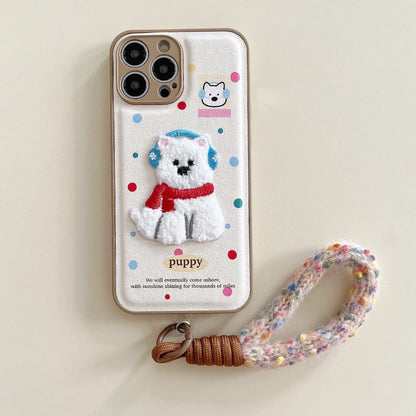 Cute Air Cushion Leather 3D Dimensional Plush Dog Case for iPhone 16 Pro 12 13 14 15 16 Pro Max Embroidery Lanyard Soft Cover