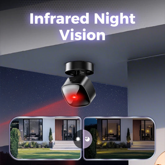 Infrared night vision device with two video feeds showing a house at night.