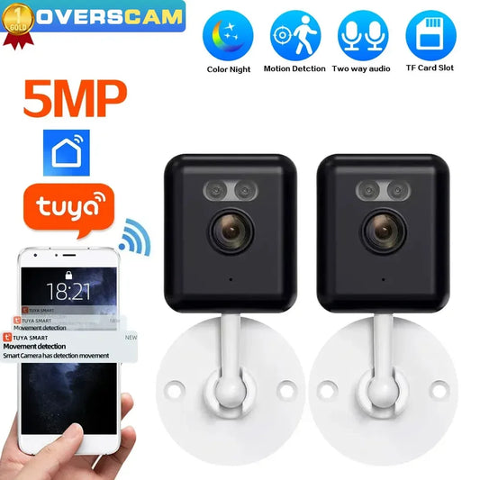 Two security cameras with a smartphone displaying app interface, featuring Tuya and overscam branding.