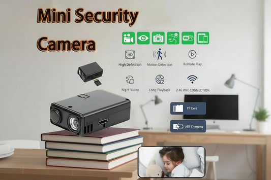 Mini security camera with features listed on a blurred indoor background