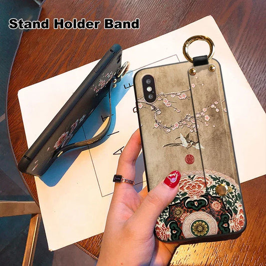 3D Relief Case For iPhone 16 15 14 13 12 11 Pro Max Mini XS XR 7 8 Plus Cover Hand Band Stand Holder Retro Embossed Shell Funda