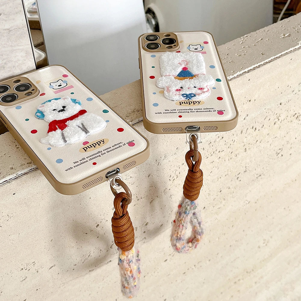 Cute Air Cushion Leather 3D Dimensional Plush Dog Case for iPhone 16 Pro 12 13 14 15 16 Pro Max Embroidery Lanyard Soft Cover