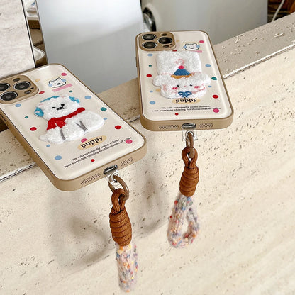 Cute Air Cushion Leather 3D Dimensional Plush Dog Case for iPhone 16 Pro 12 13 14 15 16 Pro Max Embroidery Lanyard Soft Cover