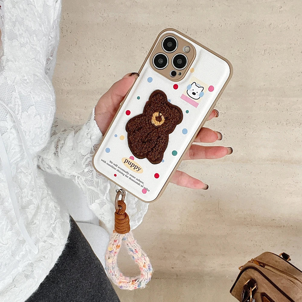 Cute Air Cushion Leather 3D Dimensional Plush Dog Case for iPhone 16 Pro 12 13 14 15 16 Pro Max Embroidery Lanyard Soft Cover