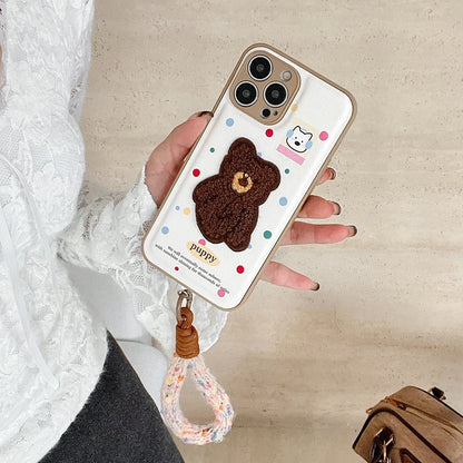 Cute Air Cushion Leather 3D Dimensional Plush Dog Case for iPhone 16 Pro 12 13 14 15 16 Pro Max Embroidery Lanyard Soft Cover