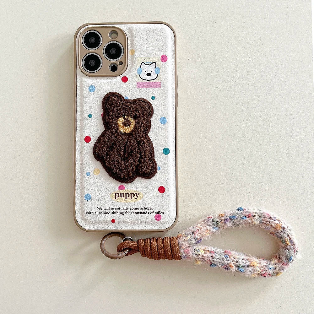 Cute Air Cushion Leather 3D Dimensional Plush Dog Case for iPhone 16 Pro 12 13 14 15 16 Pro Max Embroidery Lanyard Soft Cover