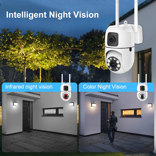 Outdoor security camera system with night vision capabilities on a house exterior.