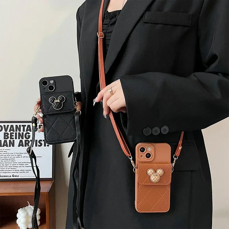 Cartoon Diamond Leather Wallet Case  Card Holder Crossbody Lanyard Cover