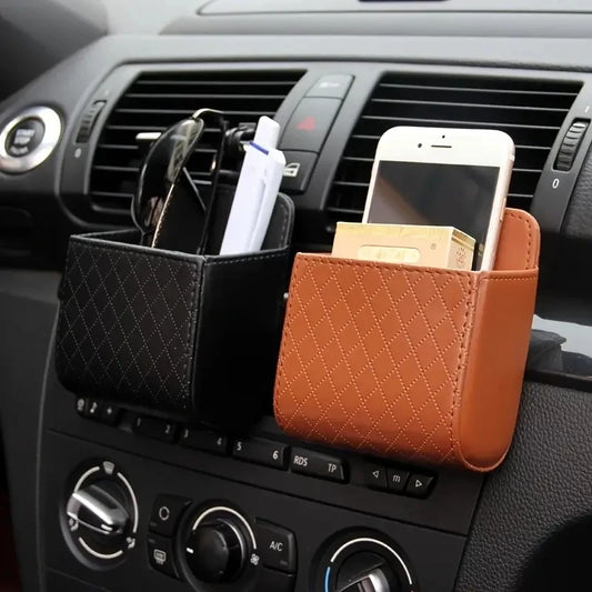 Leather Car Phone Holder Mount Air Vent Hanging Storage Bag