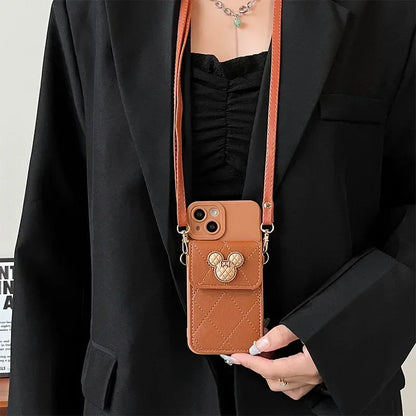 Cartoon Diamond Leather Wallet Case  Card Holder Crossbody Lanyard Cover