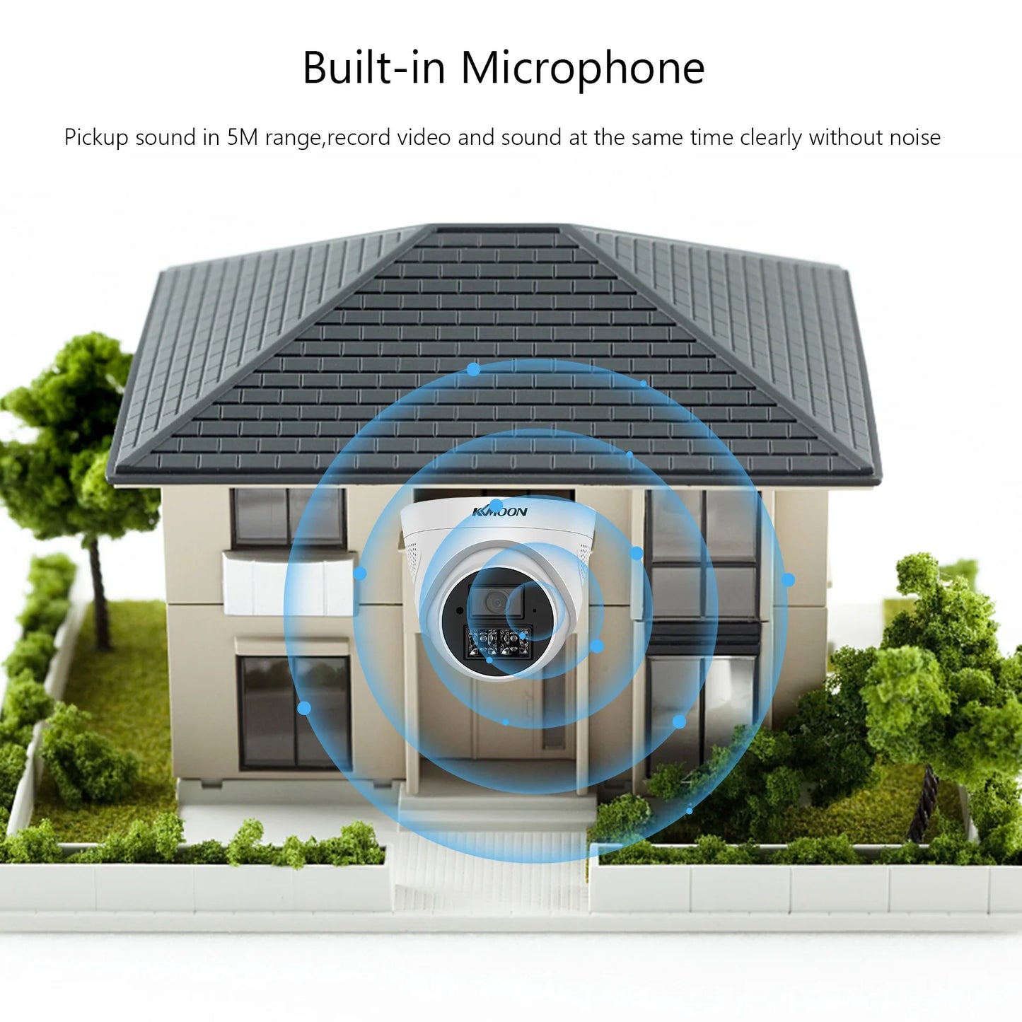 House with a security camera labeled 'Nexon' and text about built-in microphone capabilities.