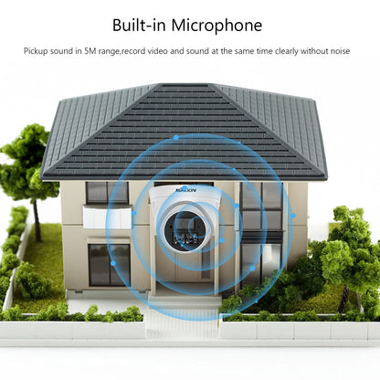 House with a security camera labeled 'Nexon' and text about built-in microphone capabilities.