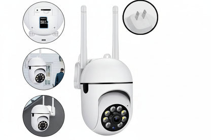 White security camera with multiple views and features on a white background