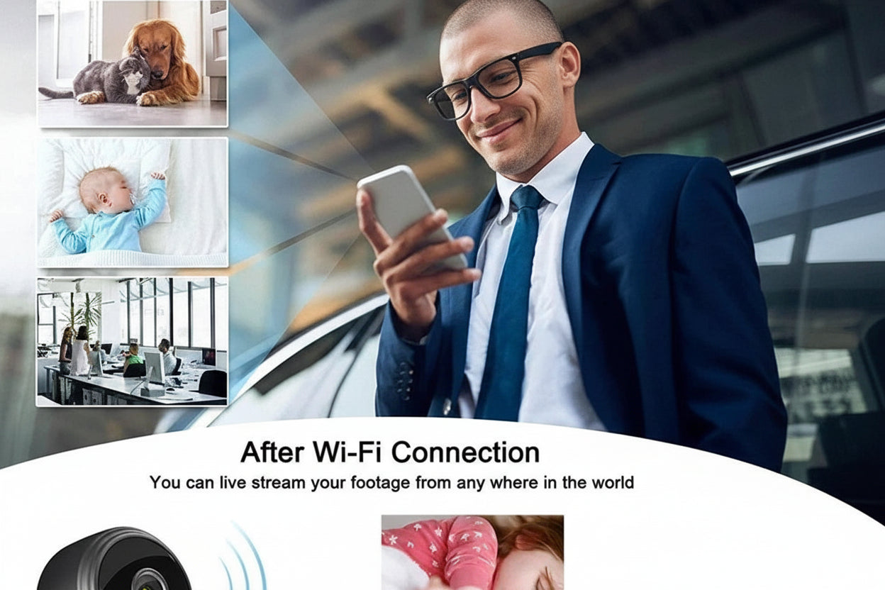 Man using a smartphone with security camera feeds displayed, emphasizing Wi-Fi connection capabilities.