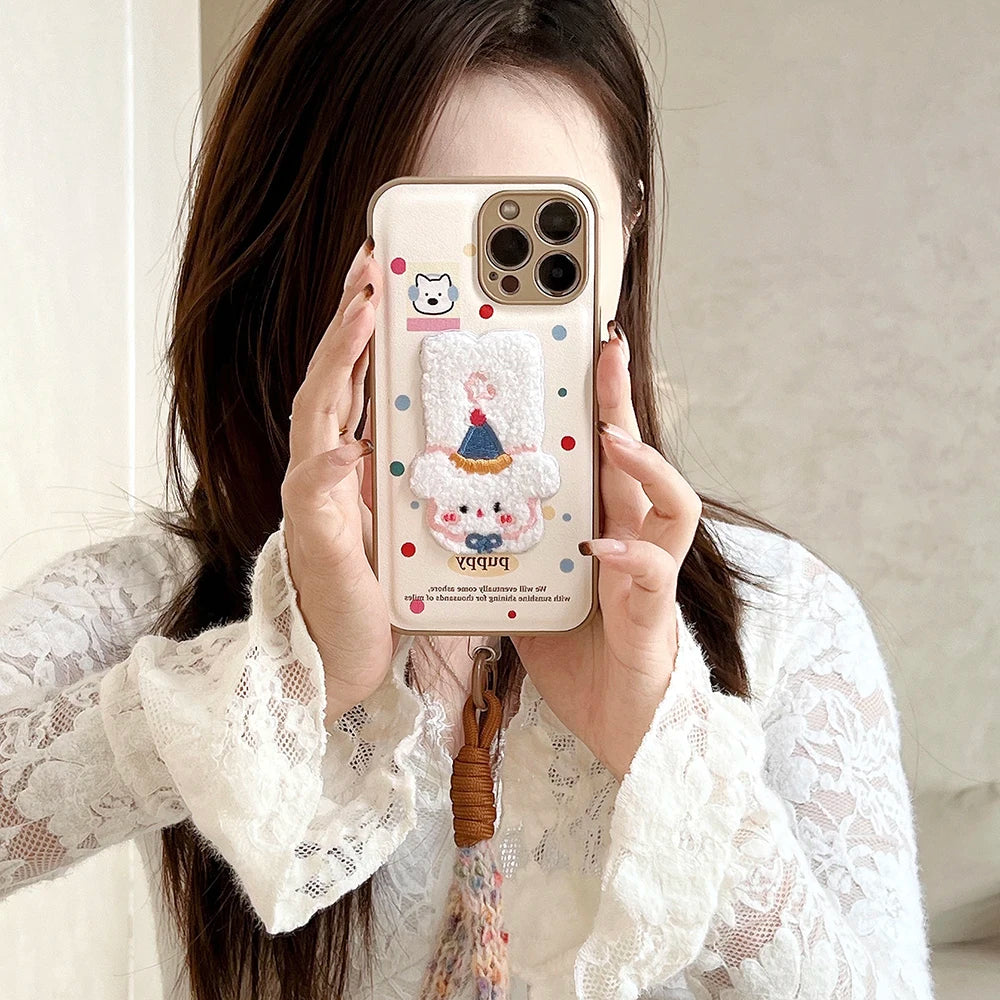 Cute Air Cushion Leather 3D Dimensional Plush Dog Case for iPhone 16 Pro 12 13 14 15 16 Pro Max Embroidery Lanyard Soft Cover