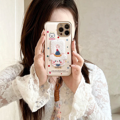 Cute Air Cushion Leather 3D Dimensional Plush Dog Case for iPhone 16 Pro 12 13 14 15 16 Pro Max Embroidery Lanyard Soft Cover