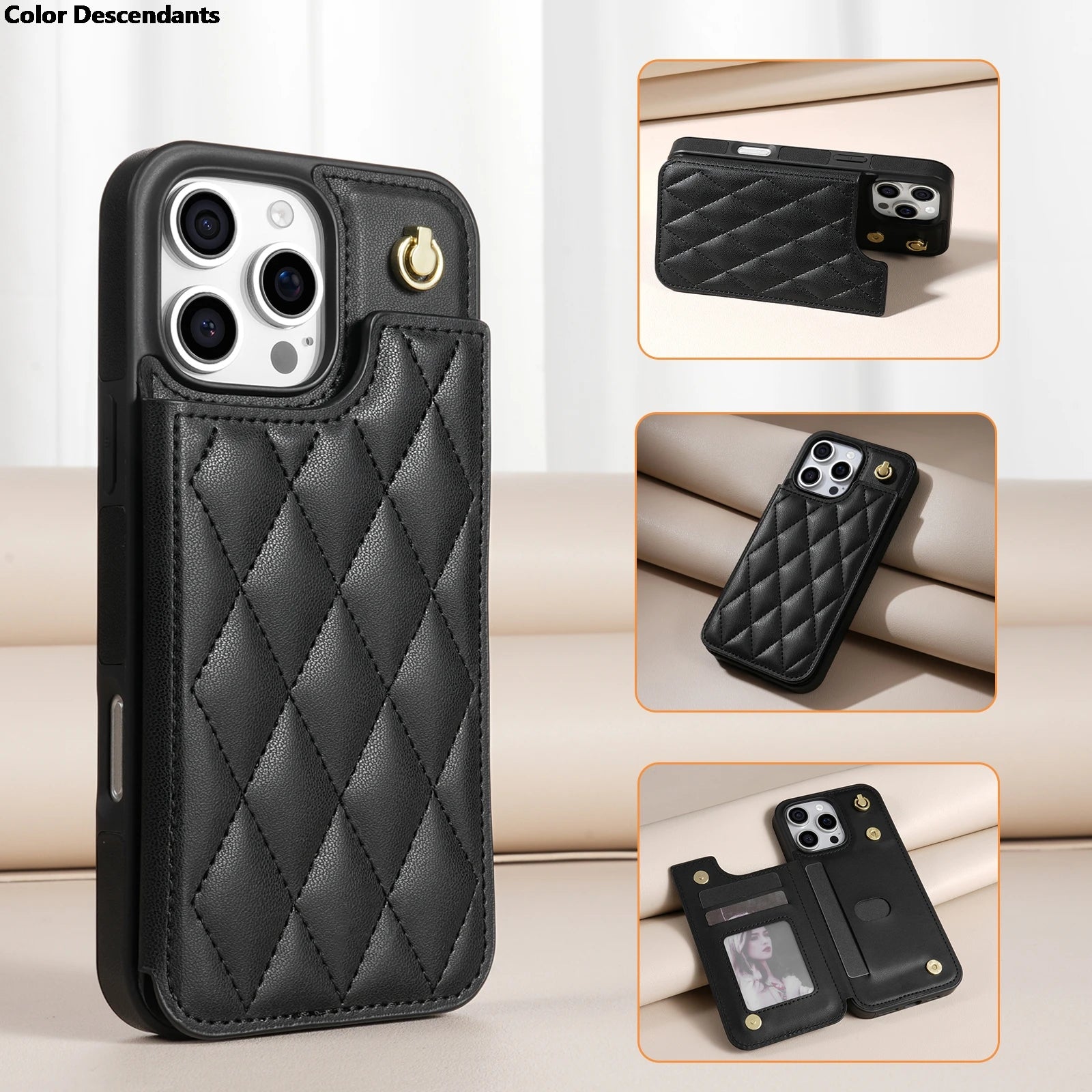 Black quilted phone case with card holder on a beige sofa background