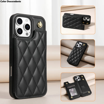 Black quilted phone case with card holder on a beige sofa background