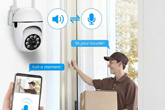 Smart doorbell system with video call interface, person with package, and smartphone app on screen.