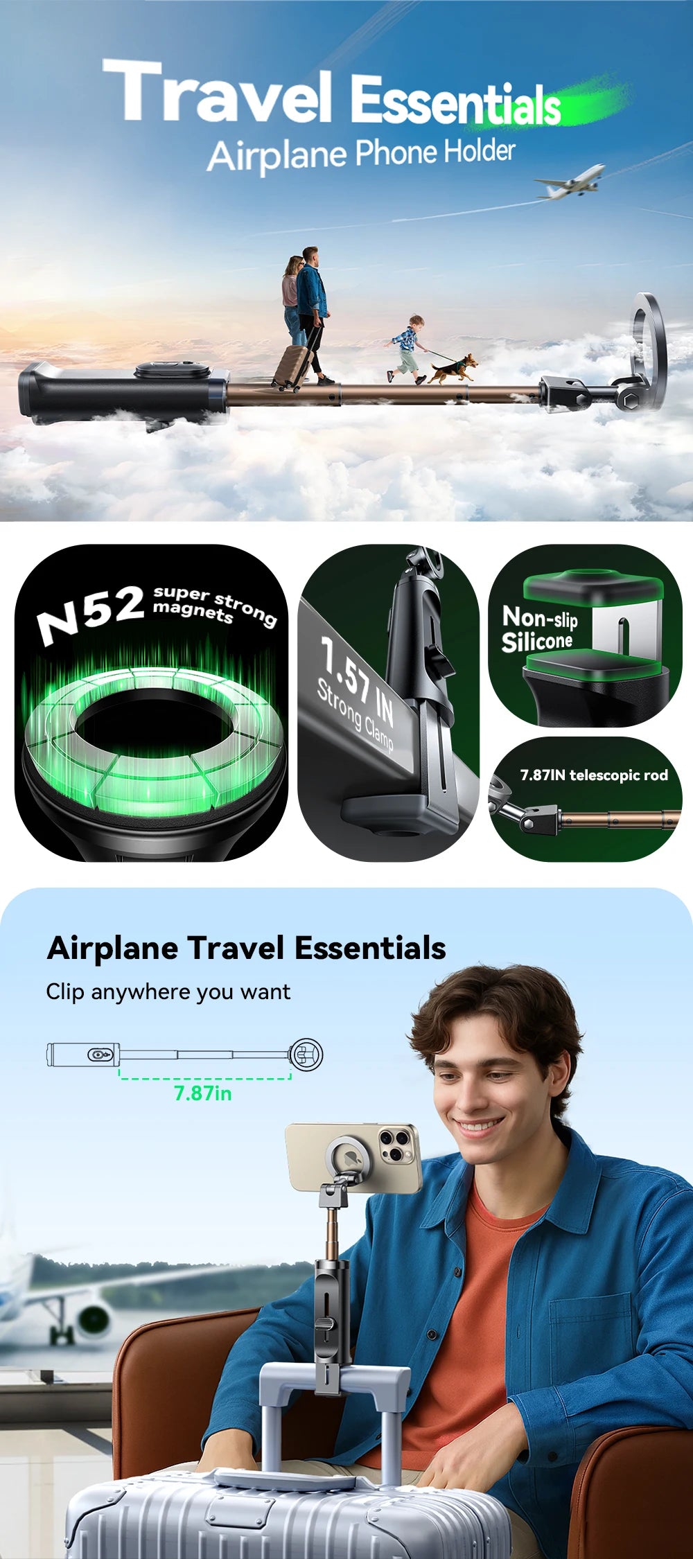 Joyroom Airplane Phone Holder Magnetic Selfie Stick for iPhone Universal Airplane Phone Mount Plane Phone Stand for Desk ZS509