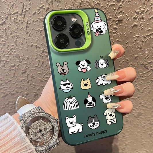 Phone case with dog illustrations held by a person wearing a watch.