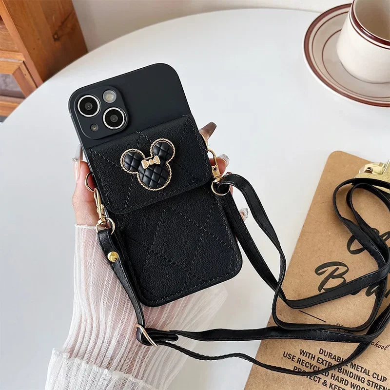 Cartoon Diamond Leather Wallet Case  Card Holder Crossbody Lanyard Cover