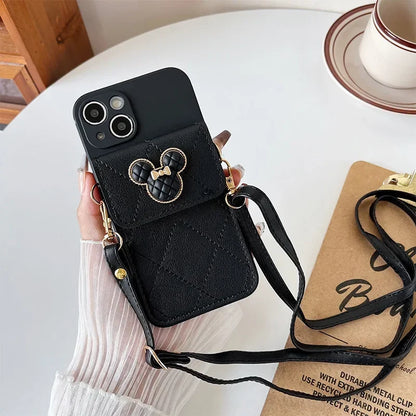 Cartoon Diamond Leather Wallet Case  Card Holder Crossbody Lanyard Cover