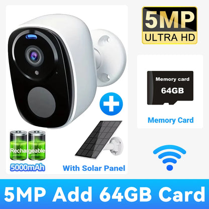 Wireless 2K 5MP Solar Security Camera Outdoor Color Night Vision Battery Powered Support 2.4G WiFi, PIR, Waterproof, 2-Way Alexa